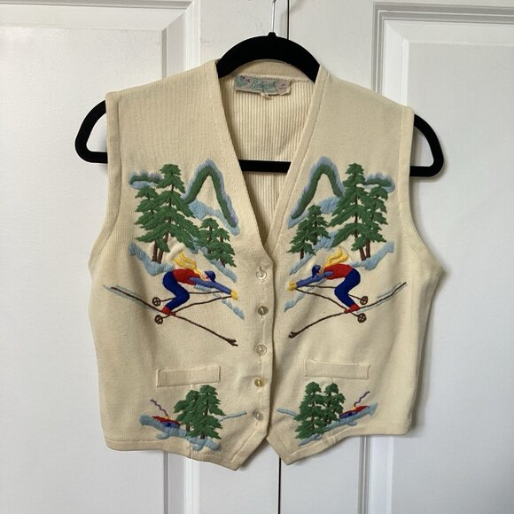 Vintage Balmoral Ski Sweater Vest Womens EU 38 Wool Made in Scotland 50s Cream - Picture 1 of 13
